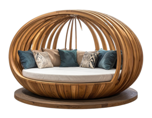 Large, wooden, spherical outdoor daybed with numerous pillows