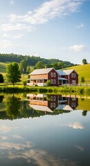 Obraz premium Serene rural landscape with lake house.