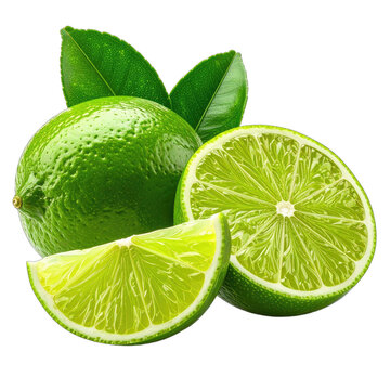 Vibrant whole and sliced limes with fresh green leaves against a black background.