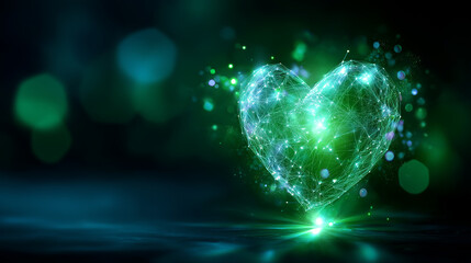 Glowing green digital heart shape with futuristic dots, abstract technology background, vibrant and dynamic energy visualization, defocused background, with copy space