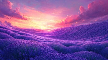 A radiant field of lavender under an intense purple and pink sunset sky