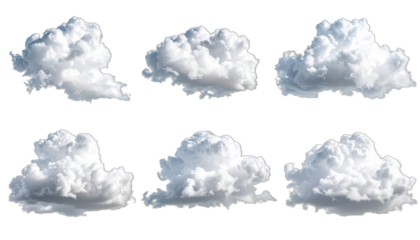 Collection of six isolated cumulus clouds against a solid black background.