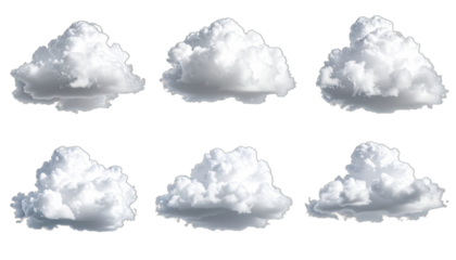 Collection of Six Isolated Cumulus Clouds on a Black Background
