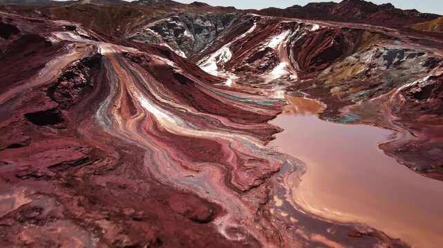 Slowly sweeping aerial drone view movement over a heavily textured, crimson and copper oxidized metal surface resembling vast geological formations movement, pattern, deterioration