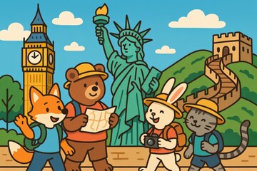 Cartoon Animal Tourists Exploring Iconic World Landmarks