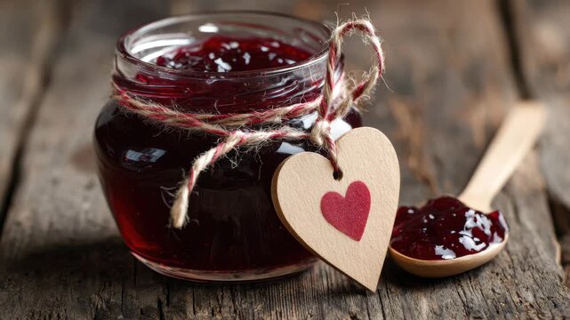 Delicious red fruit spread in a jar with a heart tag placed on wooden table