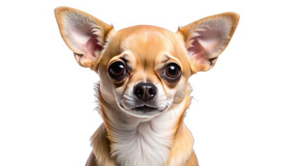 Close-up portrait of a small Chihuahua dog with large, expressive eyes against a black background.