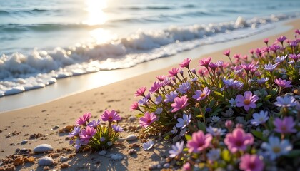  Sea Flowers on Shore
"A serene seashore with delicate flowers growing along the sand, soft sunlight reflecting on gentle waves, vibrant petals in shades of pink, purple, and blue, realistic style, hi