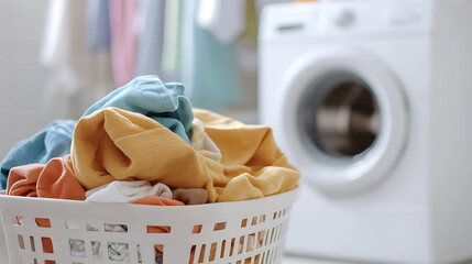A full laundry basket sitting in front of a washing machine, waiting to be cleaned. The textiles are different colors, orange, yellow, blue and white. Fresh and clean clothes.