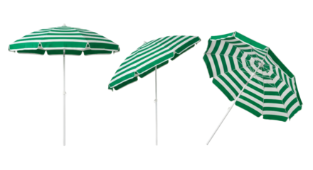 Set of three vibrant green and white striped beach umbrellas isolated on transparent background