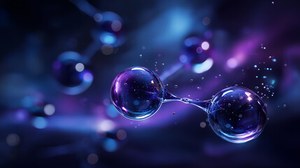 Molecule structure with deep purple and blue hues, abstract science background, futuristic and dynamic energy concept defocused, with copy space