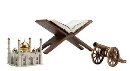 intricately handcrafted miniature model of a regal mosque with golden domes alongside an antique