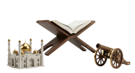 intricately handcrafted miniature model of a regal mosque with golden domes alongside an antique