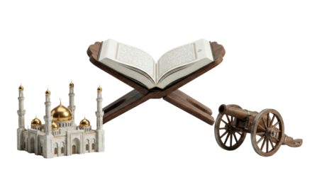 historical religious artifacts with a miniature mosque, an ancient cannon, and an open sacred book