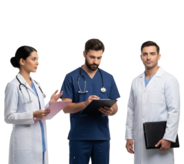 Healthcare professionals discussing patient care plan involving detailed evaluation isolated