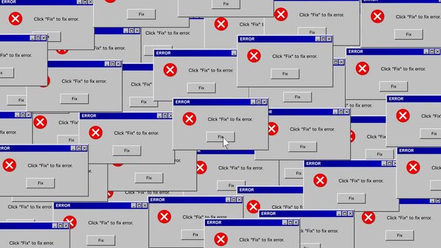 Computer error alert popups filling the screen. Old windows os critical system crash. Mouse click fix button to repair. Comp failure with multiple error windows covering display. Hacker attack.
