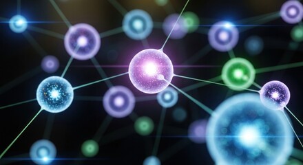 Abstract interconnected network of colorful spheres simulating science and technology