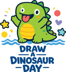A colorful vector illustration depicting a whimsical dinosaur themed day scene
