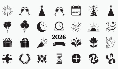 New Year celebration icon mega bundle with fireworks and party