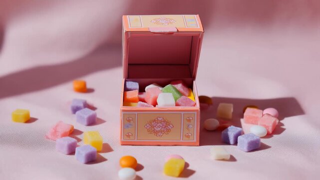 Colorful candy box with assorted sweets on a pink surface during daytime in a casual setting
