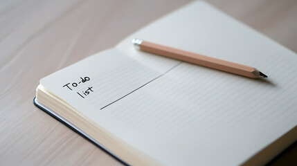 Open notebook with "To-do list" handwritten on the page. A pencil rests horizontally on the lined sheet, ready for use. Time management concepts and work planning visualized.
