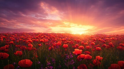 A vivid field of red and orange wild poppies under a dramatic lavender dusk sky with streaks of pastel gold
