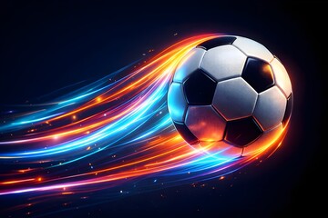 Fototapeta premium Soccer Ball Flying Fast with Dynamic Blue Orange Light Trails, Digital Art