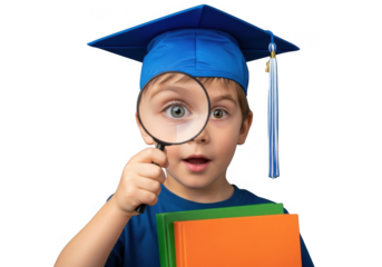 Curious young graduate examines world isolated on transparent background