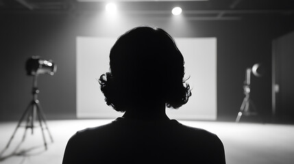 Monochrome shot captures the silhouette of a person facing a bright backdrop in a studio, flanked by professional lighting equipment, creating a dramatic and artistic composition.