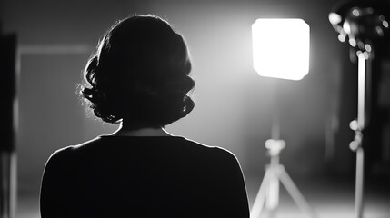 Ethereal portrait of a woman in a studio, bathed in soft, backlighting. The scene conveys a sense of timeless elegance and mystery, enhanced by the monochromatic palette and minimalist set.