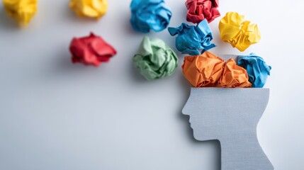 Creative illustration of a human head silhouette with colorful crumpled paper balls representing thoughts and emotions, emphasizing the concept of psychology and mental processes with copy space