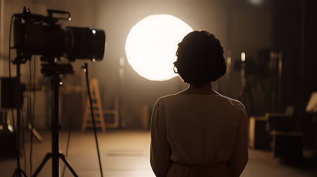 A silhouette of a woman stands against the glow of a studio light. A vintage camera, a silent witness to stories waiting to be told, stands on the left of her frame.