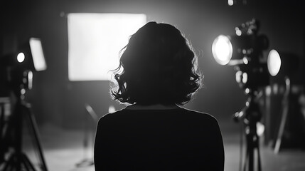 A silhouette of a woman with a dark background and lighting equipment. Backlit subject in a monochrome setting creates focus, enhancing visual drama & intrigue. Shooting scene.