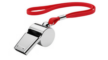 Silver whistle with red lanyard on transparent background isolated on transparent background