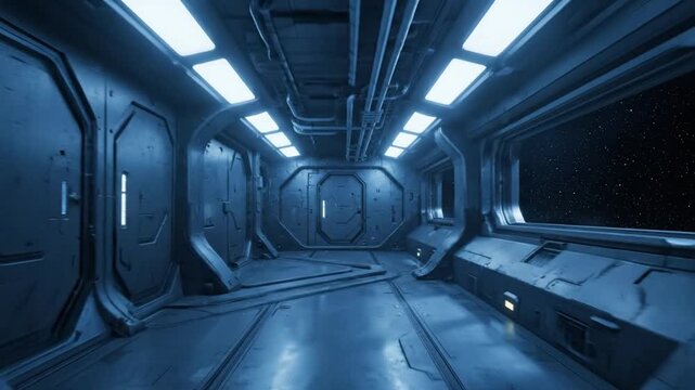 Futuristic spaceship interior, a space station corridor with sci-fi design and technology