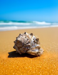 Close Up Seashell on Golden Sand Beach with Ocean Background