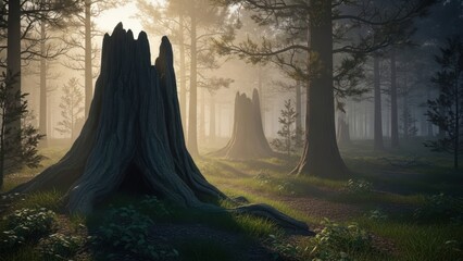 Naklejka premium Ancient tree stumps in a foggy forest with sunlight streaming through the trees