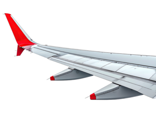 Close-up of airplane wing with a red tip against a dark background, showing flaps and ailerons
