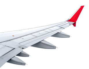 Close-up view of aircraft wing with red tip against a solid black background