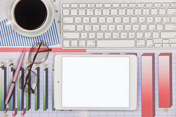 Business and accounting supplies arranged in a composition on an office desk. Top view.