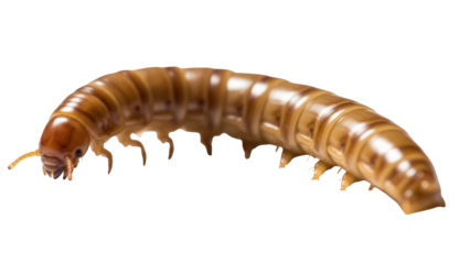 Brown mealworm larva isolated on transparent background, insect pest for animal feed and bait PNG, entomology specimen