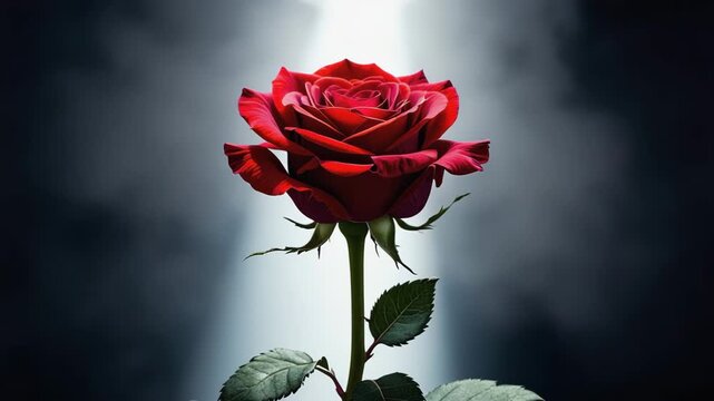 A single rose illuminated by shaft of sunlight in dark room, cinematic symbolism and soft depth 