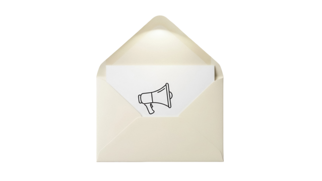Open envelope with megaphone PNG isolated on transparent background, announcement and communication concept for graphic design - Powered by Adobe