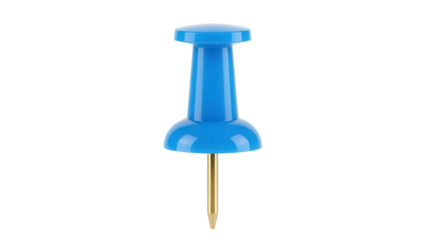 Blue push pin isolated PNG on transparent background, office supply for bulletin boards and notice boards, stationery item