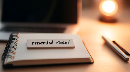 A calming desk setup with an open notebook that reads "mental reset", a laptop, a pen, and warm lamp light.  A peaceful and focused workspace for a mental break.