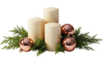 Festive Christmas centerpiece with candles and ornaments isolated PNG, holiday decoration on transparent background