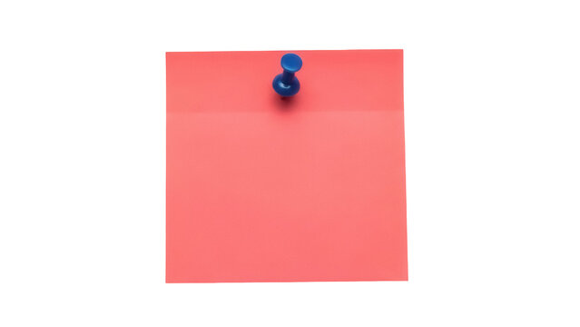 Coral pink sticky note with blue push pin isolated PNG, reminder message for office or home organization and planning