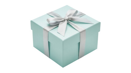 Obraz premium Light blue gift box with silver ribbon isolated PNG, present for birthday or special occasion on transparent background