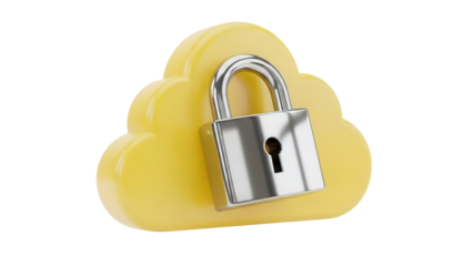 Yellow cloud with silver padlock isolated PNG, secure cloud storage concept for data protection and cybersecurity on transparent background