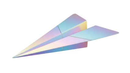 Holographic paper airplane isolated PNG on transparent background, origami aircraft for travel and technology concepts